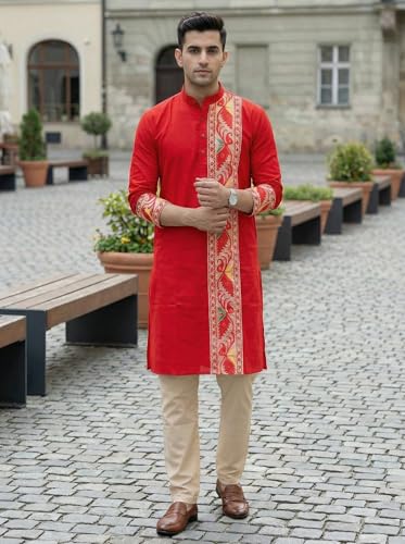 Image of Men's Jamdani Printed Kurta Pajama Set | Pure Cotton Ethnic Kurta with Mandarin Collar & Dupion Silk Pyjama | Festive & Weddings 303A12A 303SB12B(M XXL)