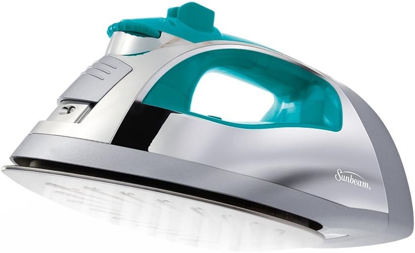 Sunbeam Steam Master 1400 Watt Large-size Anti-Drip Non-Stick Stainless Steel Soleplate Iron with Variable Steam control and 8' Retractable Cord, Chrome/Teal, GCSBSP-201-000