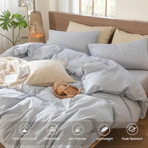 Image of MooMee Striped Duvet Cover Set 100% Washed Cotton Linen Like | Relaxed Linen-like Texture. Soft, Breathable & Long-lasting Comfort. Lightweight. Hidden Zipper with 8 Interior Corner Ties