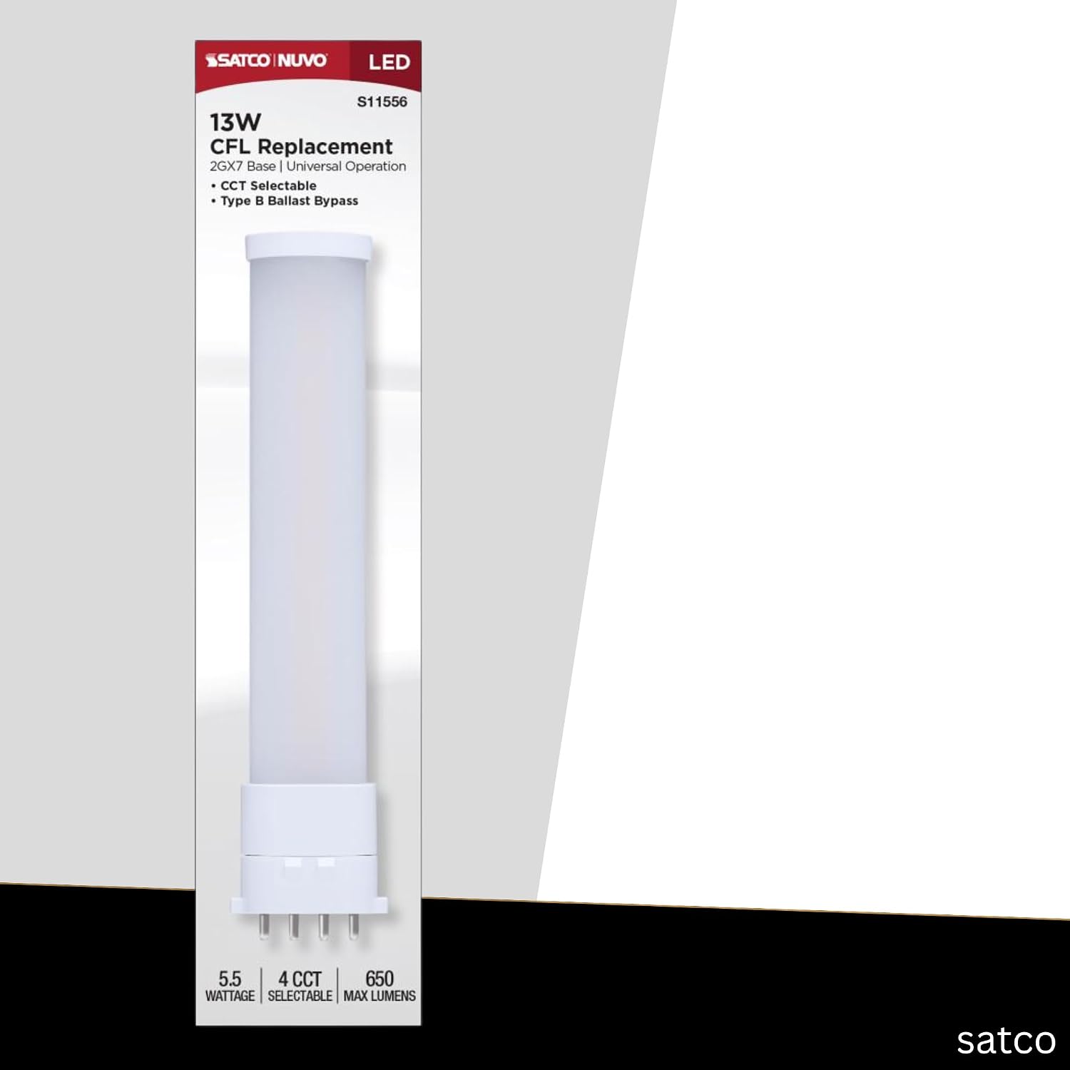 Satco LED PL Lamp 5.5W 2GX7 Base 13W CFL Equivalent CCT Selectable 2700K–4000K Ballast Bypass Non-Dimmable 120-277V Frost Finish – Part S11556 (2 Pack)