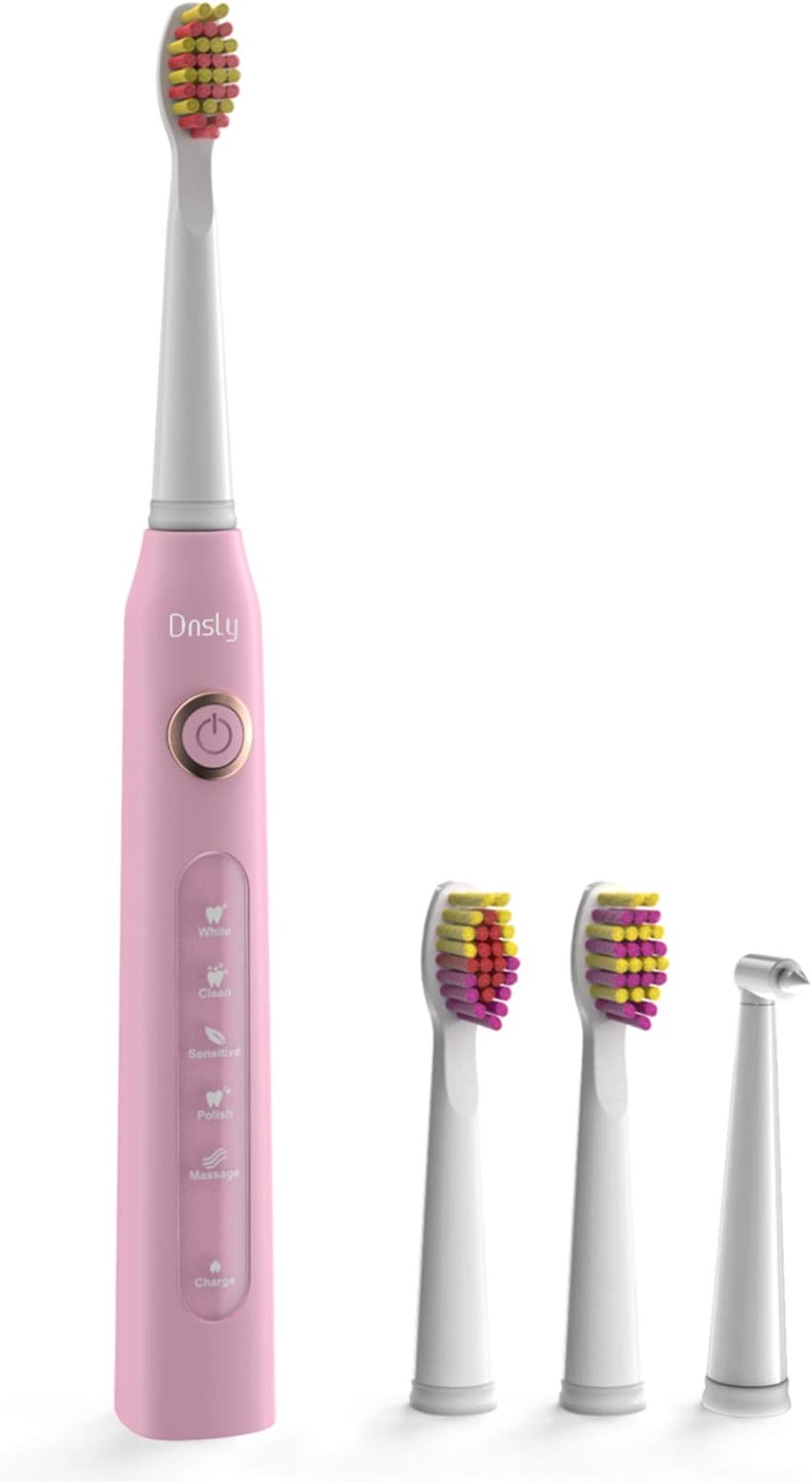 Electric Toothbrush Clean as Dentists, Rechargeable Sonic Toothbrushes Built-in Smart Timer and 5 Deep Cleaning Modes, with 3 Replacement Brush Heads, Waterproof, Pink