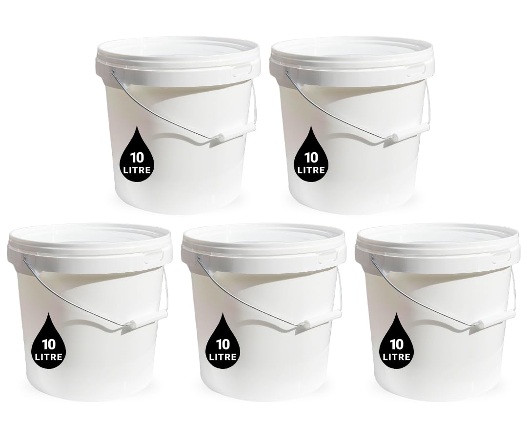 5 x 10L Plastic Bucket Pail + Handle & Lid - Heavy Duty ¦ Food Grade BPA Free ¦ Multi-use Fermentation Feed Dry Food Liquid Chemicals Hydroponics Storage Container WHITE — image 1