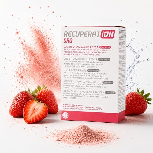 Suero Oral Natural en Polvo con Reishi y Prebiótico para Flora Intestinal Inmunidad Digestiva Niños y Adultos Sabor Fresa Sin Gluten Ni Lactosa Pack 4 Sobres Apto Veganos | RECUPERATION