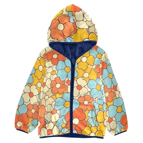 Boys Girls Fleece Jacket Blue Yellow Flowers Print Kids Warm Hooded Outwear Coat
