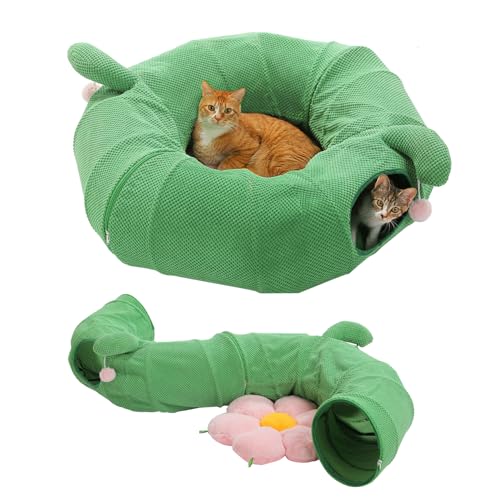 Image of PAWZ Road Cactus Cat Tunnel Collapsible Cat Donut Tunnel with Flower Bed | 38 inch diameter,2 tunnels & flower mat form Large cat tunnels Peephole & dangling balls for indoor adult cat