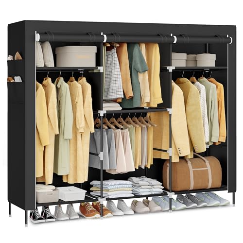 SONGMICS Armario de Ropa de Tela para Dormitorio, Armario Portátil con Barras para Colgar, Baldas y Bolsillos Laterales, Gran Capacidad, 4 Zonas para Colgar Ropa, 45 x 189 x 180 cm, Negro RYG011BZ02