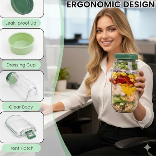Image of Side-Open Mason Jar Salad Container - Leakproof Vertical Layering Jar with Built-in Dressing Cup, Reusable Portable Lunch Jar for Office, Picnic & Travel (Green, Pack of 1)