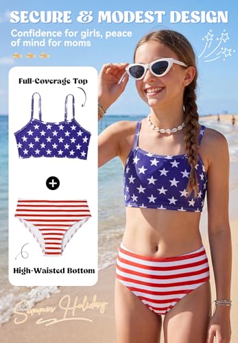 Image of Zando 2 Piece Ribbed Swimsuits for Teen Girls Kids Size 6-15 Years High Waisted Solid Cute Bikini for Summer Beach Wear