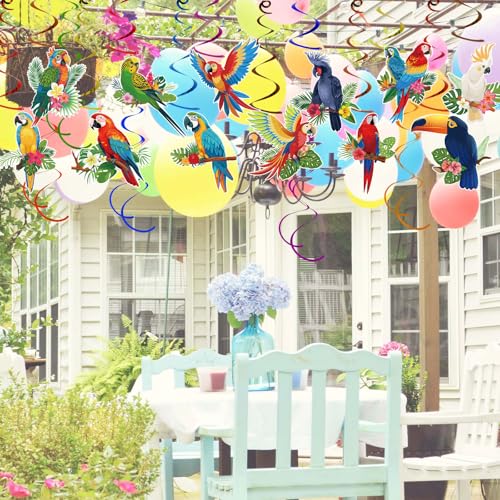Image of 58 Pcs Tropical Birds Hawaiian Hanging Swirl, Tropical Toucan Parrot Party Foil Ceiling Hawaiian Rainforest Birds Decor for Summer Beach Pool Tiki Wedding Birthday Party Supplies