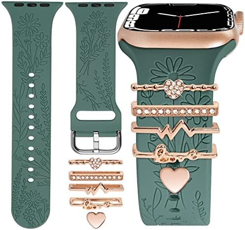 Watch Band Charms (Band Included), Compatible with Apple Watch Band 38mm 40mm 41mm, ORATYFAN Floral Engraved Silicone Bands & Metal Decorative Ring Loops Accessories for iWatch Series se 8 7 6 5 4 3 2 1