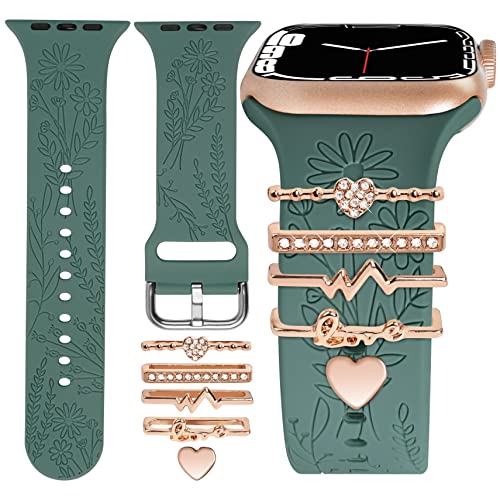Watch Band Charms (Band Included), Compatible With Apple Watch Band 38Mm 40Mm 41Mm, Oratyfan Floral Engraved Silicone Bands & Metal Decorative Ring Loops Accessories For Iwatch Series Se 8 7 6 5 4 3 2 1 #TOP16