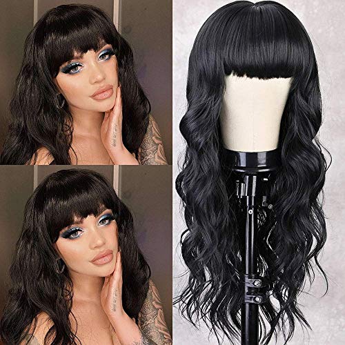 Fureya Synthetic Black Wigs with Bangs Natural Curl Wave Costume Wig for Women 24 inches Loose Wave Wigs for Daily Party