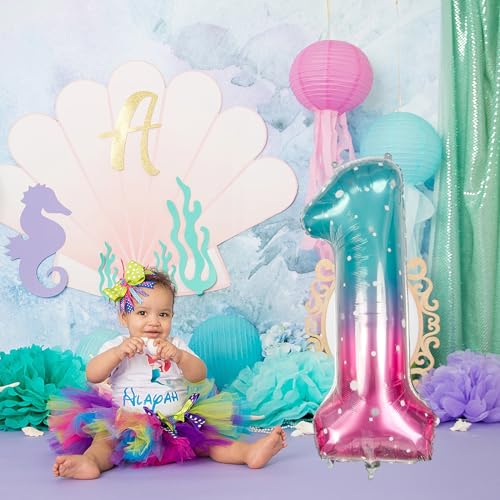 Image of 40 Inch Blue Pink Number 1 Balloon for 1st Birthday Decoration, Large Rainbow Mermaid Mylar Foil Number Balloons 0-9 for Girl, Starry One Helium Balloons for Women 1st Anniversary Magic Party Supplies