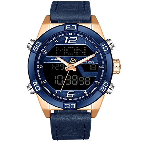 Tayhot Mens Digital Analog Watches,Men Dual Time Display Blue Leather Chronograph Wristwatch Quartz Digital Waterproof Sport Business Casual Dress Watch with Gold-Tone Case