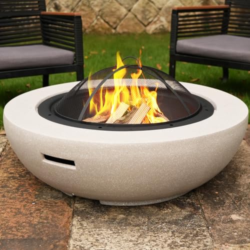 Image of Round Wood Burning Concrete Outdoor Fire Pit,35.43 inch Heat Resistant MGO Ceramic Material Base with BBQ Grill Firepit for Patio Garden,Backyard Barbecue,Outdoor Gatherings Light Gray (Grey 2)