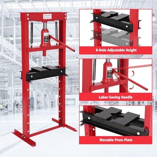 Image of 12 T Hydraulic Shop Press, H-Frame Heavy Duty Garage Floor Shop Press Tool with Plates, Adjustable Working Table Height to Bend, Straighten, Or Press Parts, Red