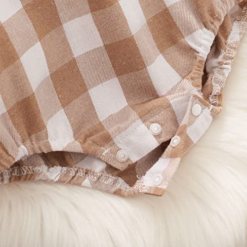 Newborn Baby Girls Plaid Romper Lace Patchwork Floral Ruffle Long Sleeve Round Neck Jumpsuit Outfits Fall Clothes (Khaki , 0-3 Months ) #TOP4