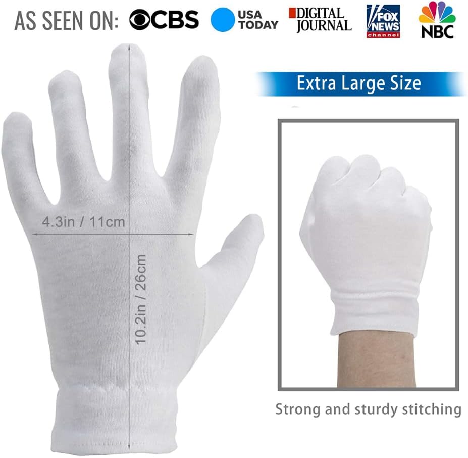 Extra Large, XL Moisturizing Gloves for Men Overnight Bedtime Cotton Cosmetic Inspection Premium Cloth Quality Eczema Dry Sensitive Irritated Skin Spa Therapy Secure Wristband (100% Cotton, 2 Pack) : Beauty & Personal Care