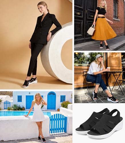 Image of Womens Wedge Sandals Platform Walking Sandals Open Toe Ankle Elastic Strap Casual Comfortable Summer Dressy
