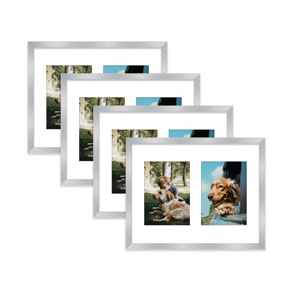Silver Multi Photo Frame - Holds 2 x 7x5 Pictures, Family Collage Picture Frame for Wall Display, 14x11 Frame size, Set of 4