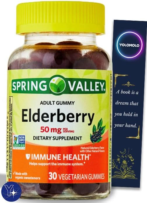 Saúco Inmune Healthy Spring Valley Suplemento dietético Vegetariano Gomitas, 50 mg, 30 unidades y marcador de regalo de YOLOMOLO
