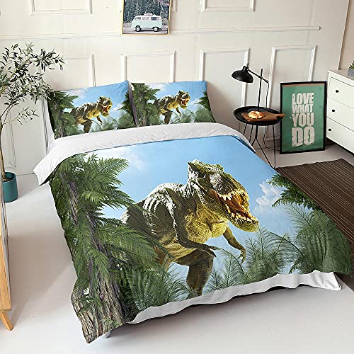WJYMJJ 羽毛掛け布団 2つの枕カバー付き 緑の恐竜 シングル 150×210 cm 3Dプリント寝具セットキルトケース子供ティーンマイクロファイバージッパークロージャー大人キッズ