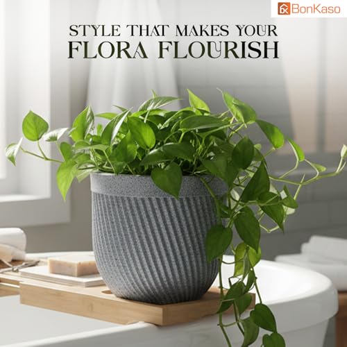 Image of Bonkaso 12 Inch Seltos Ribbed Planter for Indoor & Outdoor Use | Round Heavy Duty Polymer Flower Pot | Lightweight Weather Resistant Modern Gamla for Living Room Balcony & Terrace (Light Grey)