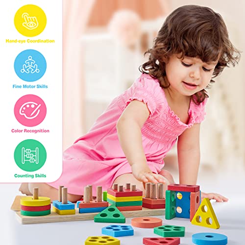 Revanak Montessori Toys For 18+ Months Old - Toddlers Wooden Sorting And Stacking Toys For Baby Boys And Girls - Shape Sorter And Color Stacker Preschool Kids Wood Gifts #TOP2