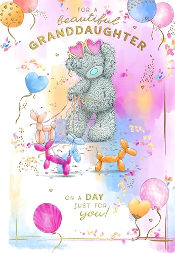 Me To You Tatty Teddy Beautiful Granddaughter Bear With Dog Balloons Luxury Gold Foil Birthday Card 6 X 9 Inches - Official Collection