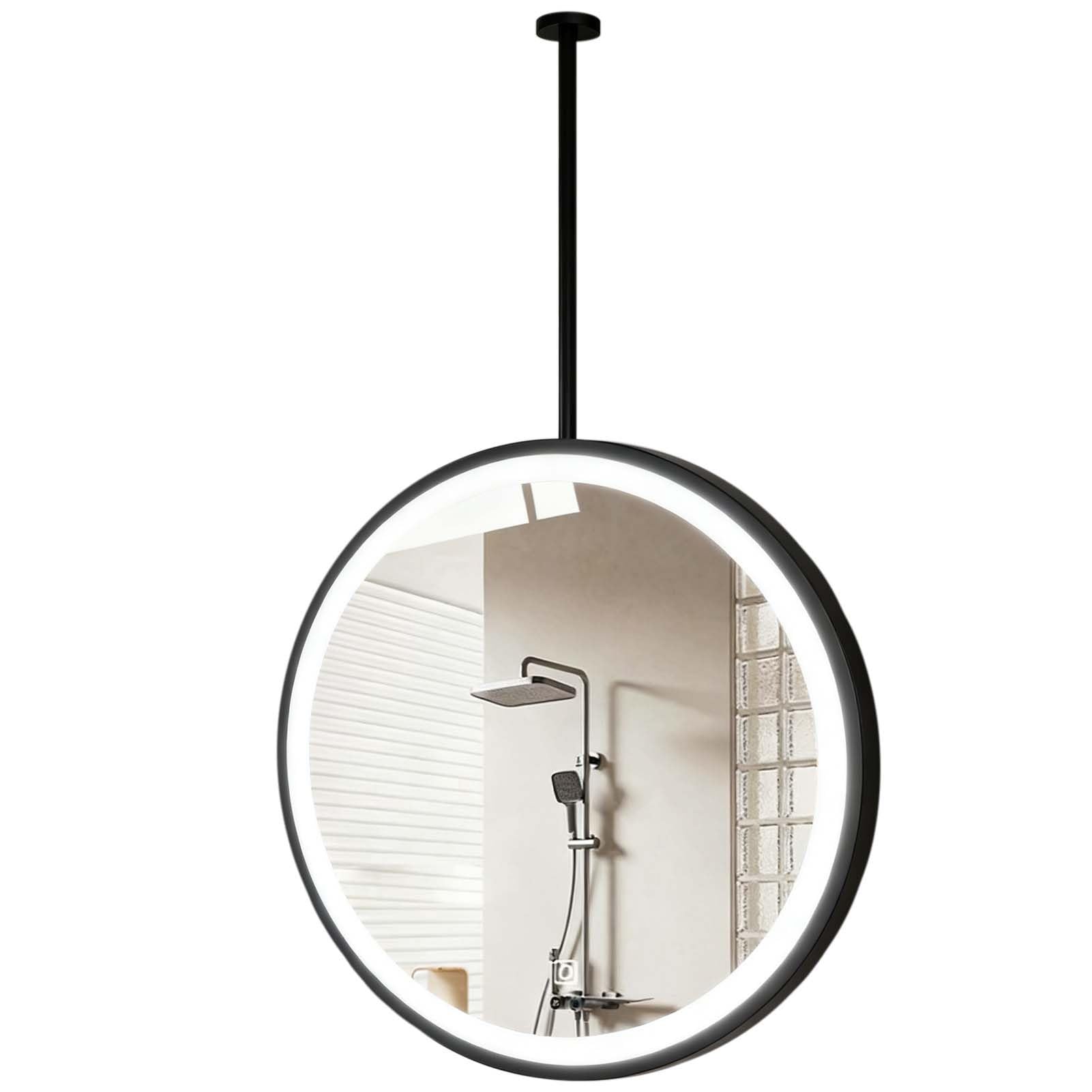 FGXHHS LED Illuminated with Touch Switch, Ceiling Mounted Hanging Mirrors Bathroom/Bedroom Vanity Decorative Wall HD Glass(Black,Diameter-50CM/19.7INCH)