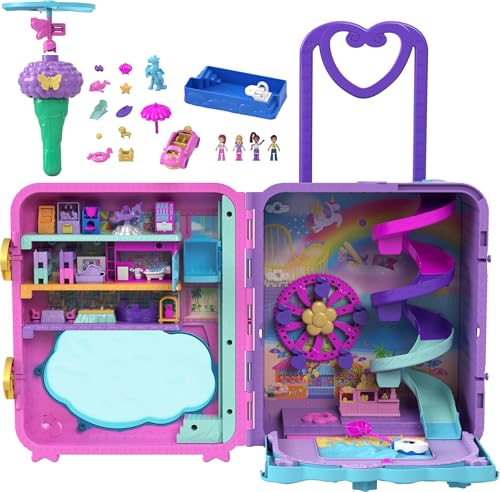 Polly Pocket Dolls, Playset and Travel Toys, 4 Dolls, 1 Vehicle, 25+ Accessories, Resort Roll Away (Amazon Exclusive)