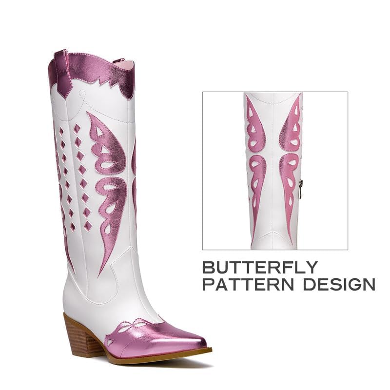 GOSERCE Women's Western Pointed toe Metallic Mid-Calf Cowboy Boots Knee High Cowgirl Boots Colorful sparkly Boots4