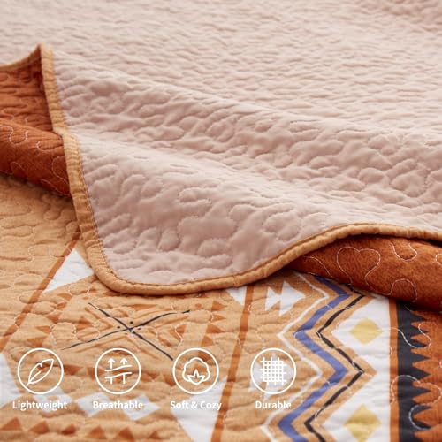 LEAONME Quilt Set Full/Queen Size 3 Piece Bedspread Coverlet Lightweight Comforter Microfiber Bedding Set All Season Oversized 90x98 Inch Bed Cover Bohemian Burnt Orange/Rust(1 Quilt,2 Pillow Shams)