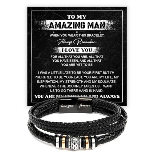 To My Man Bracelet, Husband Bracelet Gifts From Wife, Men Bracelets Gift, Braided Leather Stainless Steel Infinity Bracelets Lettering Love You Forever Jewelry Gifts For Man With Message Card & Box