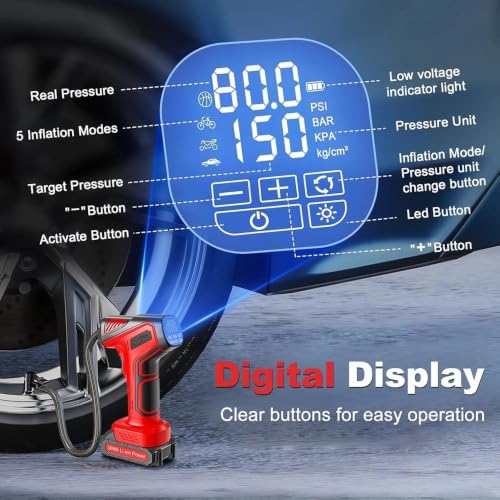Compresor portatil de 160PSI inalámbrico con pantalla digital y bomba de aire para coche o moto 6