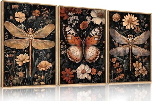 Toile papillons et libellules rétro 70x90cm x3 grand format triptyque salon