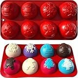 2 Pcs Christmas Hot Cocoa Bomb Mold, 8-Cavity Christmas Hot Chocolate Bomb Mold with Xmas Tree Snowflake Snowman Shape Half Sphere Round Chocolate Silicone Molds for Mousse Cake Jelly Pudding Jello