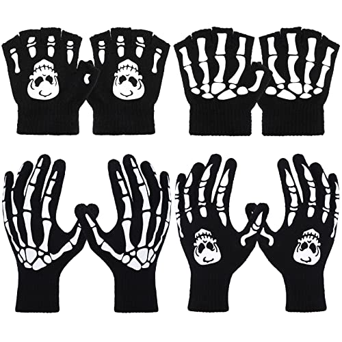 Bencailor 4 Pairs Kids Skeleton Fingerless Gloves Glow in The Dark Luminous Knit Skull Winter Warm Gloves,11-15 Years