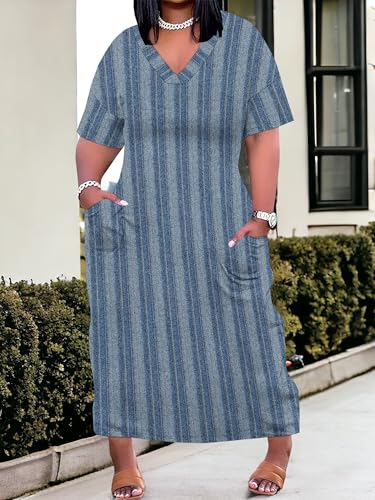 Image of SUZONANA Plus Size Denim Print Maxi Dresses for Women Casual V Neck Short Sleeve with Pockets Soft Jean Look Dress XL-6XL
