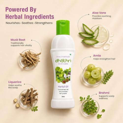 Image of Dhathri Hair Care Herbal Oil with Musk Root, Liquorice, Amla & Aloe Vera | Ayurvedic Hair Oil Promotes Healthy Hair Growth & Thickness | Nourishes & Strengthens Hair | for All Hair Types, 100ml