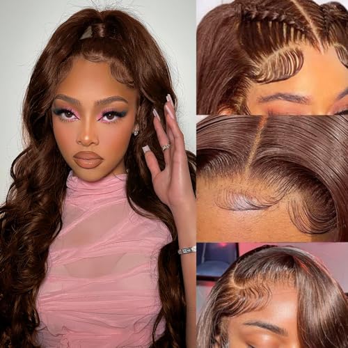 Image of abbildung 30inch Highlight Ombre Lace Front Wig Human Hair 13x6 HD Honey Blonde 4 /27 Deep Wave Lace Frontal Wigs Glueless Wigs Human Hair (Chocolate Brown, 28inch, Body wave)