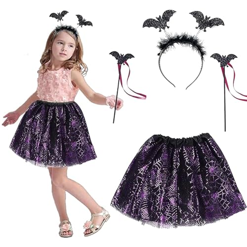 PTBWS Witch Costume Girls, Halloween Witch Costume Girls, Witch Fancy Dress Set with Tutu Skirt, Headband and Wand Witch Dress Girls Children for Carnival Halloween Cosplay