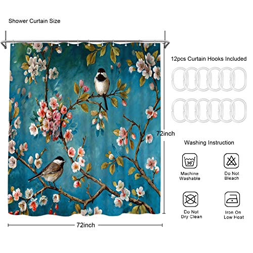 Artbones 72"X72" Green Shower Curtain Birds On Tree Branches Spring Summer Landscape Bath Curtain, Polyester Fabric, Machine Washable #TOP4