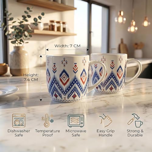 Image of UPC Coffee Mug Set of 6 | White Blue & Red Ikat Tribal Geometric Print | Boho Aztec Diamond Chevron Pattern | Tea & Coffee Cups | Microwave Safe | Home & Kitchen
