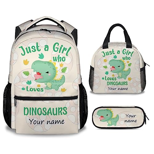 Personalized Dinosaur Backpack with Lunch Box Set for Girls - 3 in 1 Primary Middle School Backpacks Matching Combo - Large Capacity, Durable, Lightweight, Green Bookbag and Pencil Case Bundle