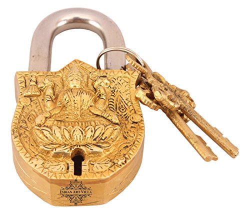 Image of Indian Art Villa Handmade Old Vintage Style Antique Godess Laxmi Ji Design Brass Security Lock with 2 Keys Om Design on Back, Home Temple Office