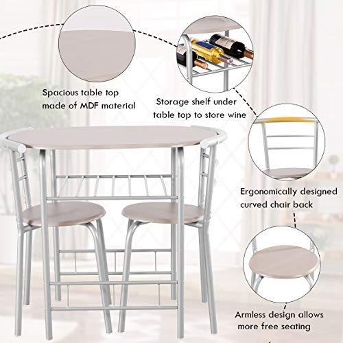 Giantex 3 Piece Dining Set Compact 2 Chairs And Table Set With Metal Frame And Shelf Storage Bistro Pub Breakfast Space Saving For Apartment And Kitchen (Silver & Natural) #TOP2