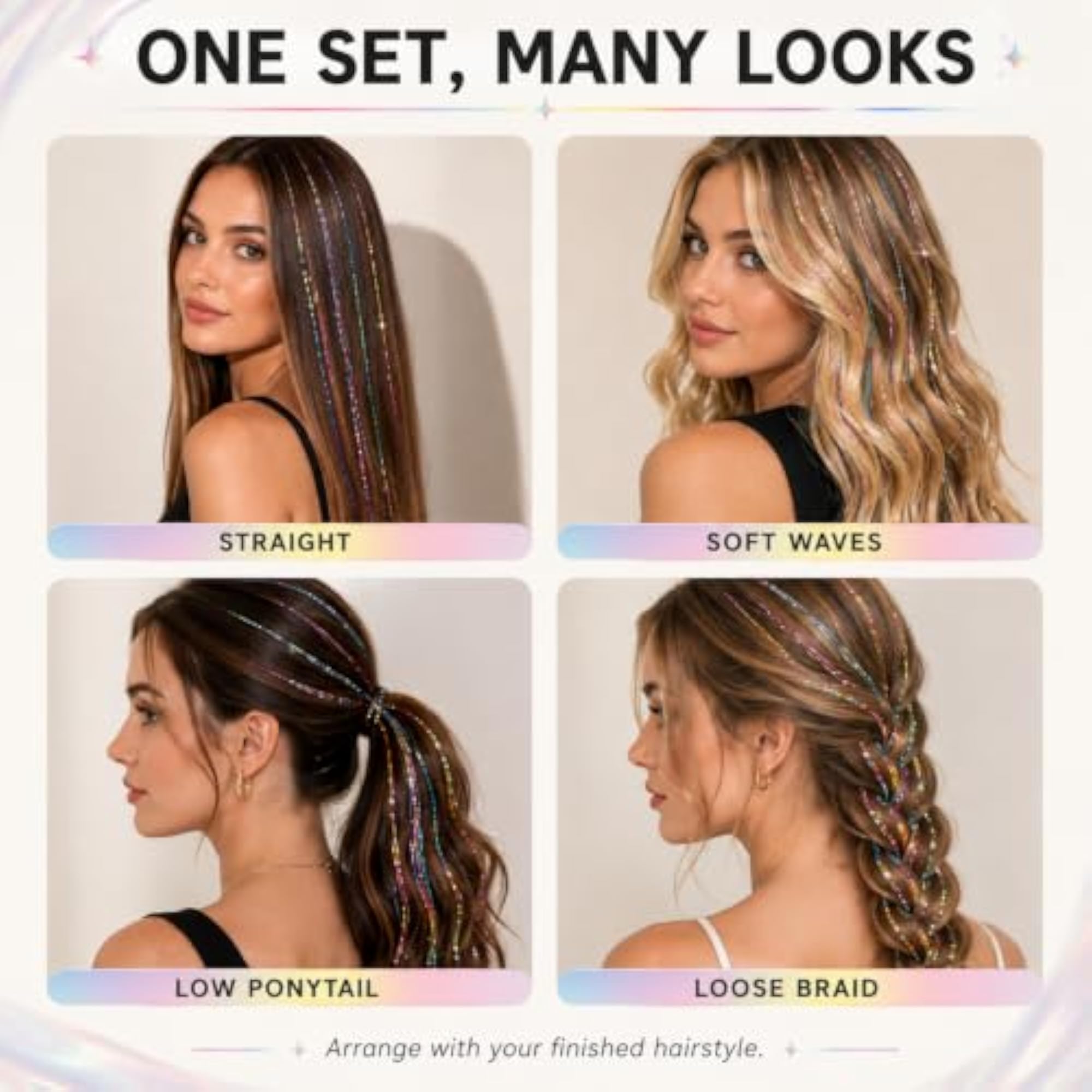 12 PCS Glitter Hair Tinsel Extensions with Clips for Women