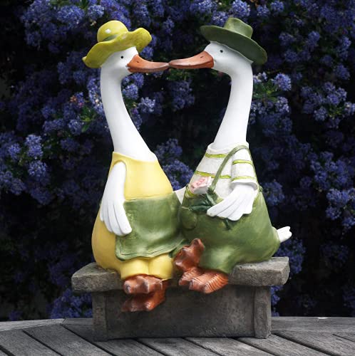 Darcy and Derek Duck On A Bench 30cm Tall Garden Ornament