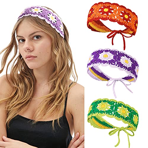 CHLINS Daisy Floral Elastic Handmade Crochet Headbands - 3PCS Bohemian Knit Head Wraps for Women and Girls (Colorful: Purple, Green, Orange)